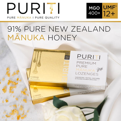 PURITI Premium Manuka Honey Lozenges High Potency - Sugar Free Drops | Genuine New Zealand Raw Manuka Honey Soothers for Coughs & Sore Throats | UMF Certified MGO 400+ UMF12+ (16 Pack) - dailyvitalstore