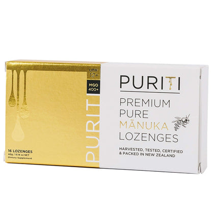 PURITI Premium Manuka Honey Lozenges High Potency - Sugar Free Drops | Genuine New Zealand Raw Manuka Honey Soothers for Coughs & Sore Throats | UMF Certified MGO 400+ UMF12+ (16 Pack) - dailyvitalstore