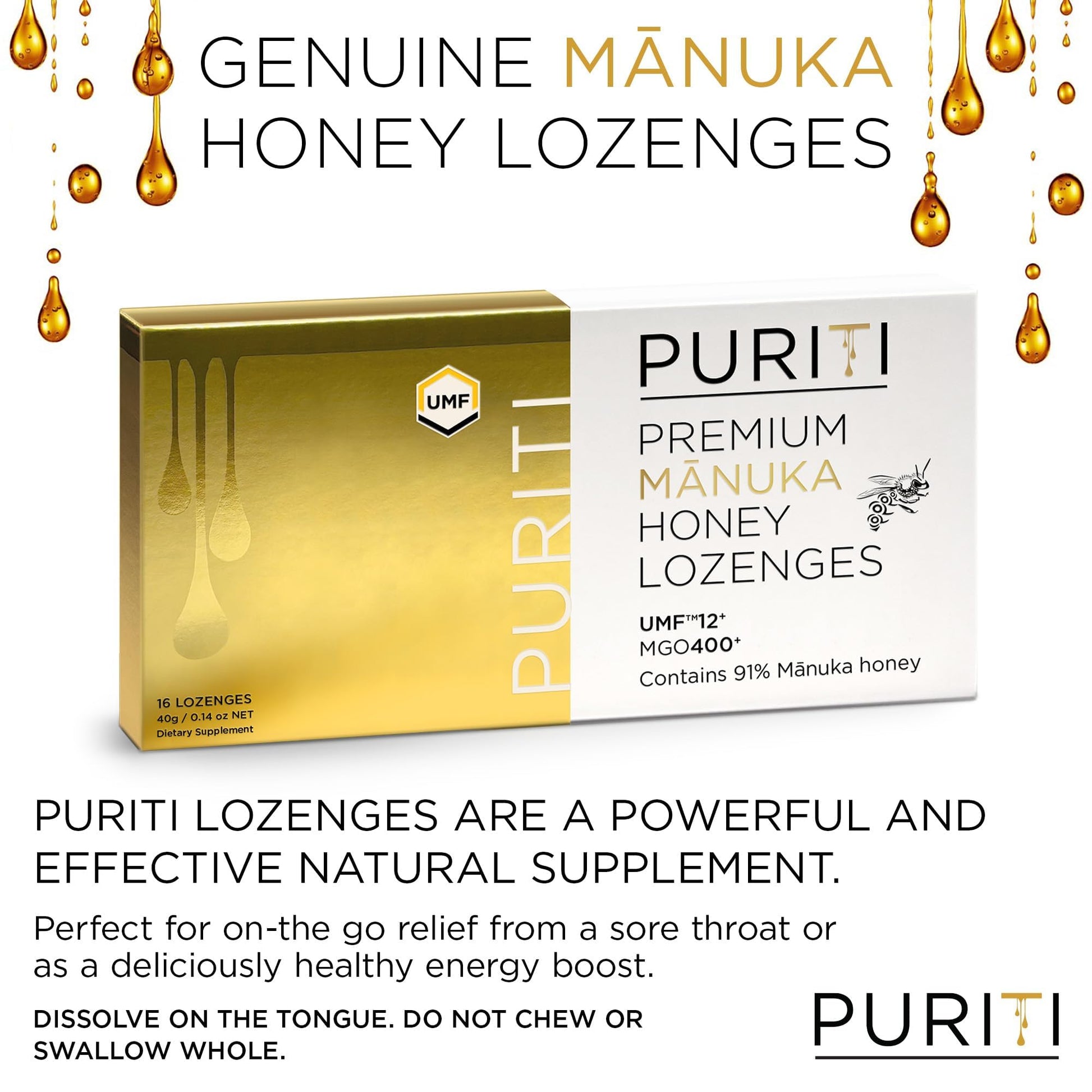 PURITI Premium Manuka Honey Lozenges High Potency - Sugar Free Drops | Genuine New Zealand Raw Manuka Honey Soothers for Coughs & Sore Throats | UMF Certified MGO 400+ UMF12+ (16 Pack) - dailyvitalstore