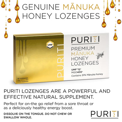 PURITI Premium Manuka Honey Lozenges High Potency - Sugar Free Drops | Genuine New Zealand Raw Manuka Honey Soothers for Coughs & Sore Throats | UMF Certified MGO 400+ UMF12+ (16 Pack) - dailyvitalstore