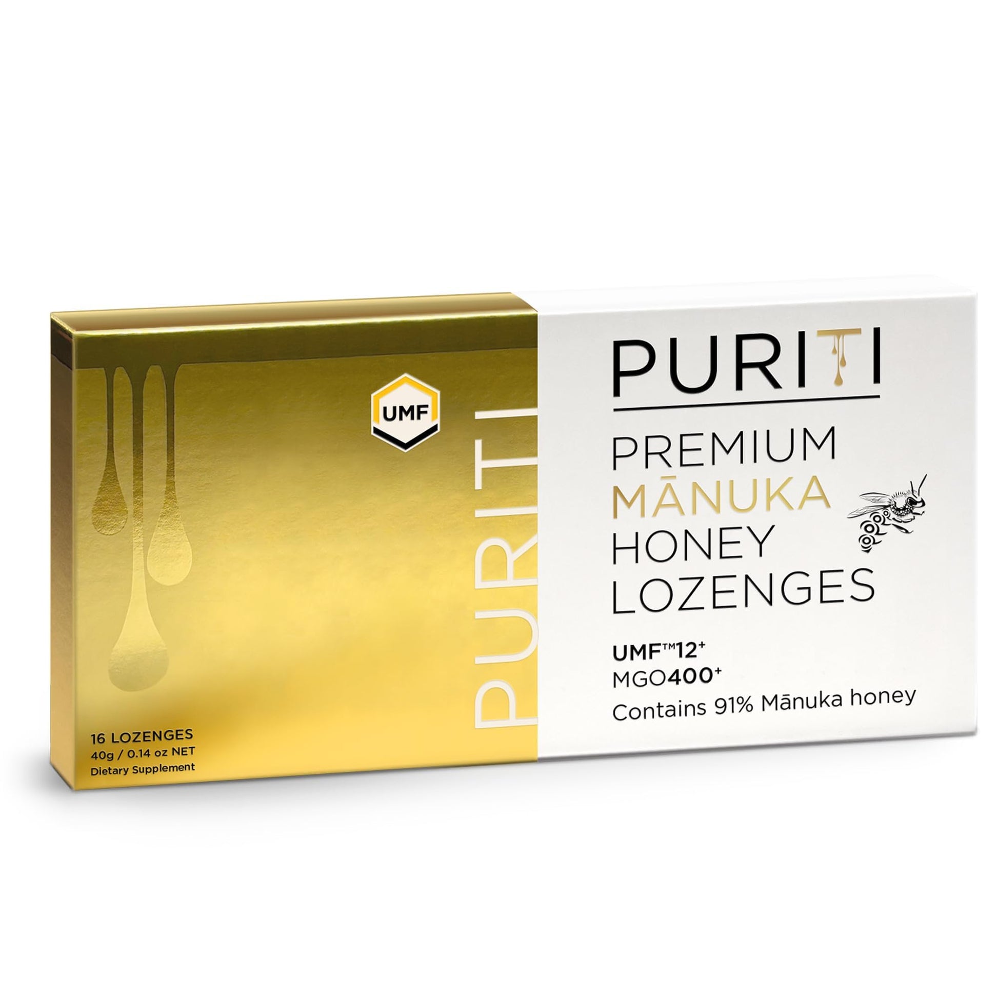 PURITI Premium Manuka Honey Lozenges High Potency - Sugar Free Drops | Genuine New Zealand Raw Manuka Honey Soothers for Coughs & Sore Throats | UMF Certified MGO 400+ UMF12+ (16 Pack) - dailyvitalstore