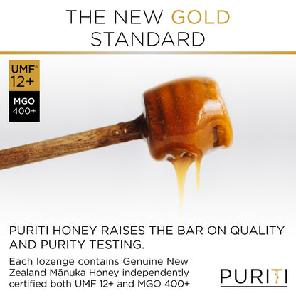 PURITI Premium Manuka Honey Lozenges High Potency - Sugar Free Drops | Genuine New Zealand Raw Manuka Honey Soothers for Coughs & Sore Throats | UMF Certified MGO 400+ UMF12+ (16 Pack) - dailyvitalstore