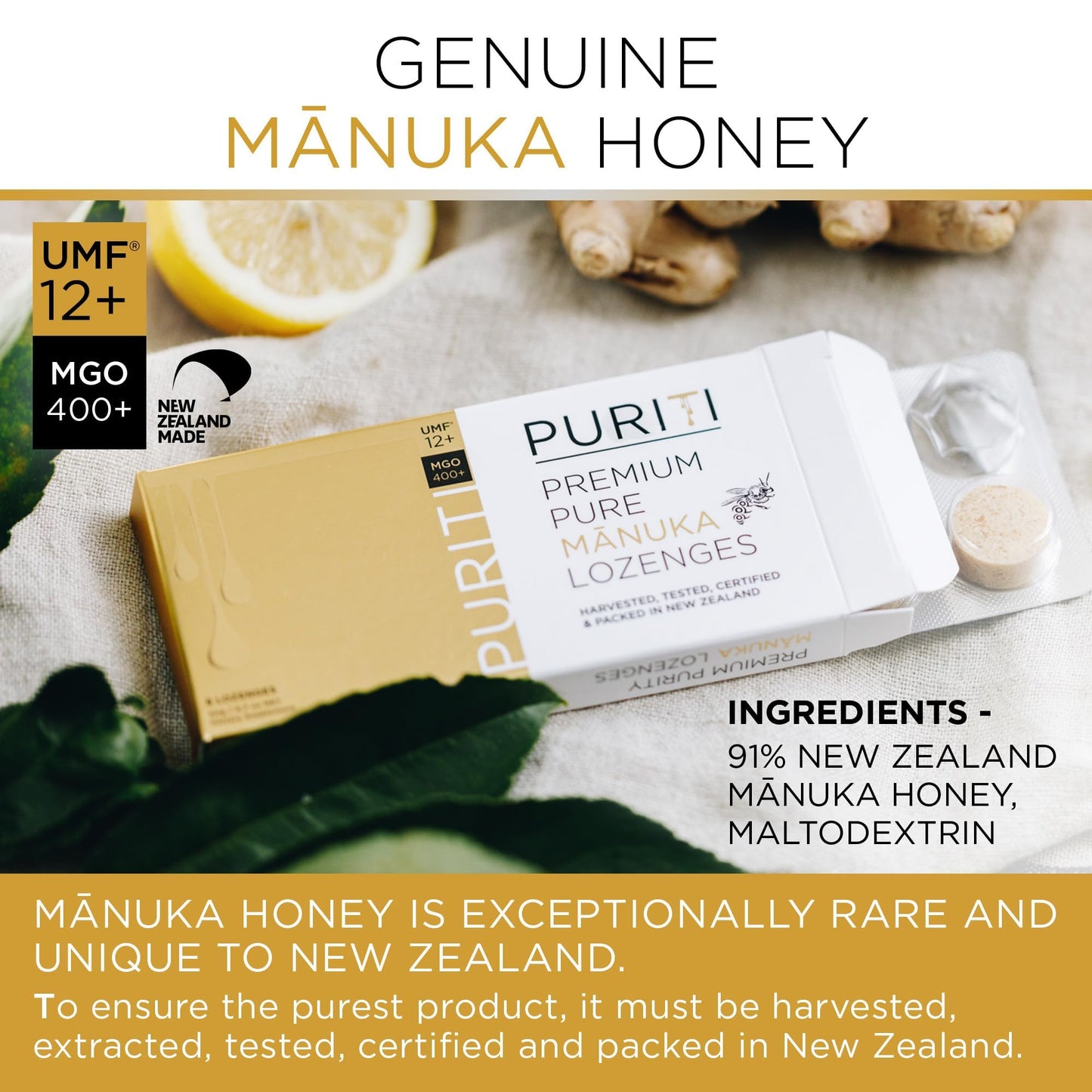 PURITI Premium Manuka Honey Lozenges High Potency - Sugar Free Drops | Genuine New Zealand Raw Manuka Honey Soothers for Coughs & Sore Throats | UMF Certified MGO 400+ UMF12+ (16 Pack) - dailyvitalstore