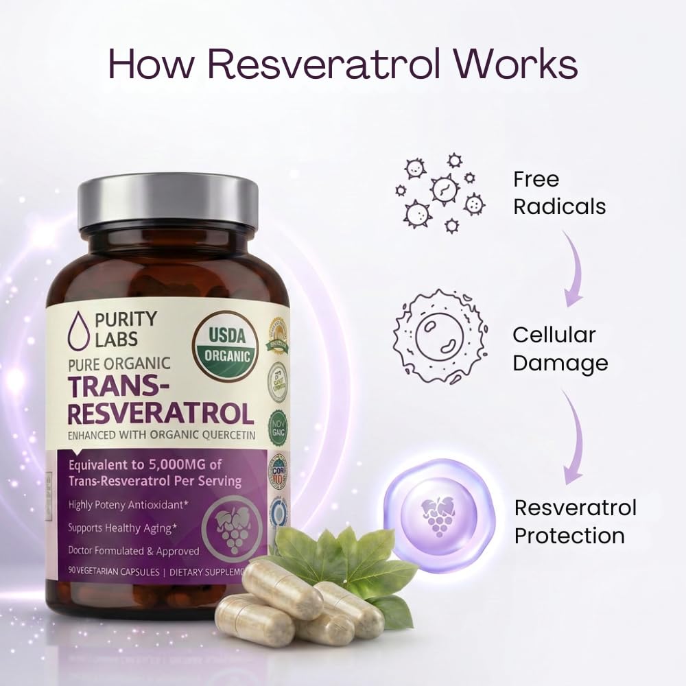Purity Labs Trans-Resveratrol Supplement 5,000 mg Equivalent per Serving with Quercetin, USDA Organic High Potency Antioxidant, - dailyvitalstore
