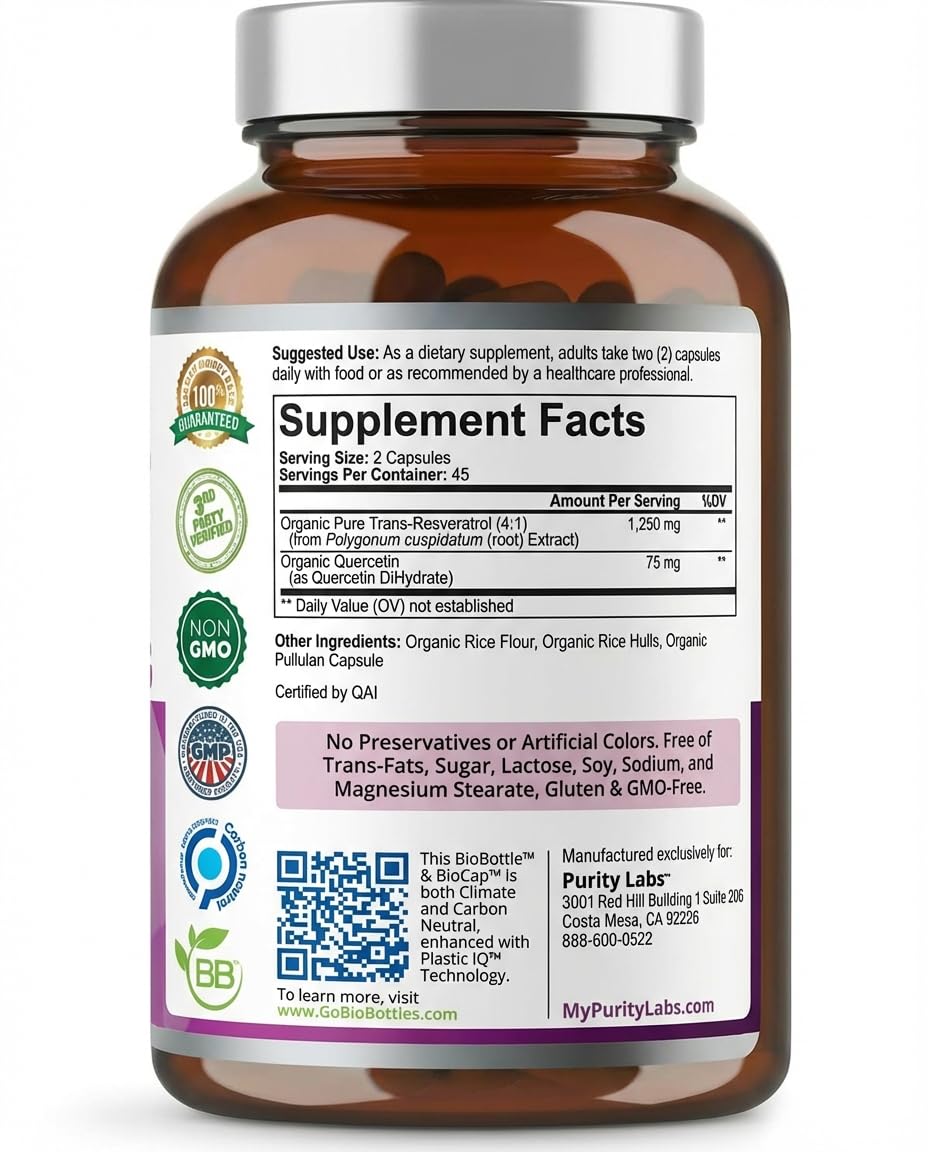 Purity Labs Trans-Resveratrol Supplement 5,000 mg Equivalent per Serving with Quercetin, USDA Organic High Potency Antioxidant, - dailyvitalstore