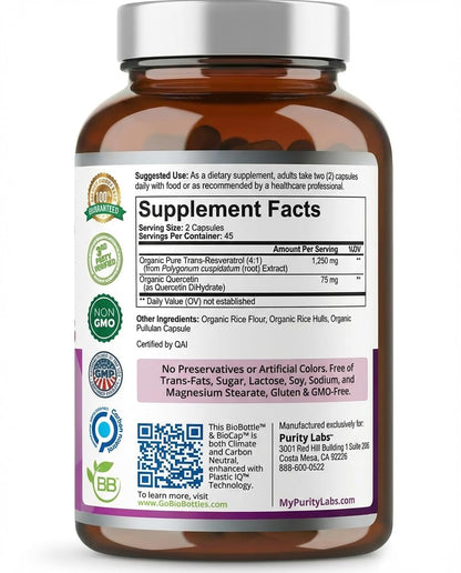 Purity Labs Trans-Resveratrol Supplement 5,000 mg Equivalent per Serving with Quercetin, USDA Organic High Potency Antioxidant, - dailyvitalstore
