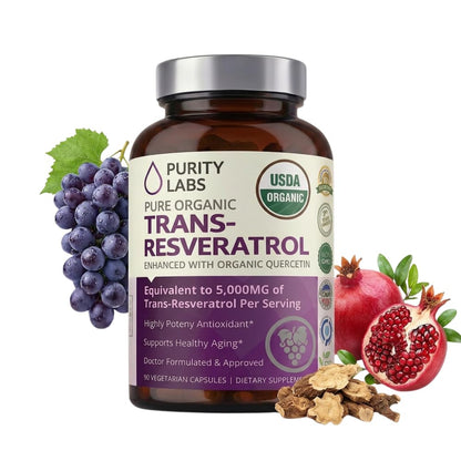 Purity Labs Trans-Resveratrol Supplement 5,000 mg Equivalent per Serving with Quercetin, USDA Organic High Potency Antioxidant, - dailyvitalstore