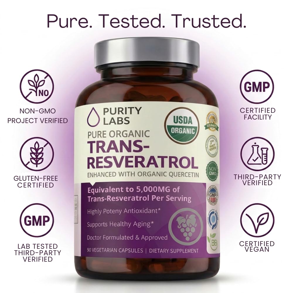 Purity Labs Trans-Resveratrol Supplement 5,000 mg Equivalent per Serving with Quercetin, USDA Organic High Potency Antioxidant, - dailyvitalstore