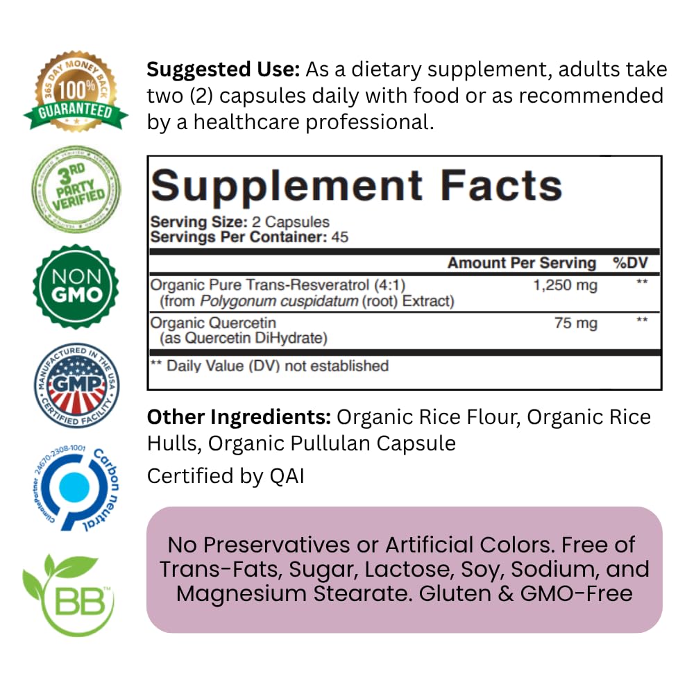 Purity Labs Trans-Resveratrol Supplement 5,000 mg Equivalent per Serving with Quercetin, USDA Organic High Potency Antioxidant, - dailyvitalstore
