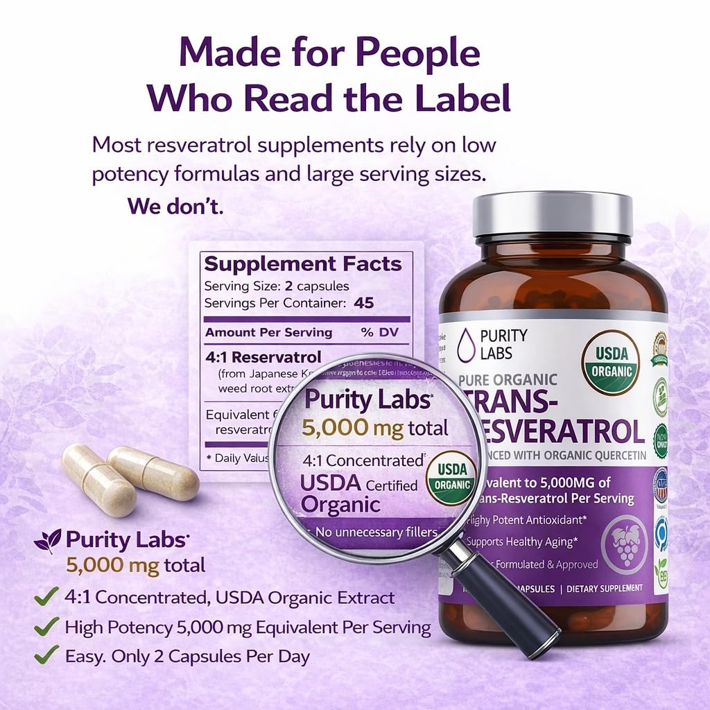 Purity Labs Trans-Resveratrol Supplement 5,000 mg Equivalent per Serving with Quercetin, USDA Organic High Potency Antioxidant, - dailyvitalstore