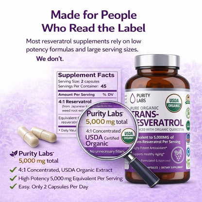 Purity Labs Trans-Resveratrol Supplement 5,000 mg Equivalent per Serving with Quercetin, USDA Organic High Potency Antioxidant, - dailyvitalstore