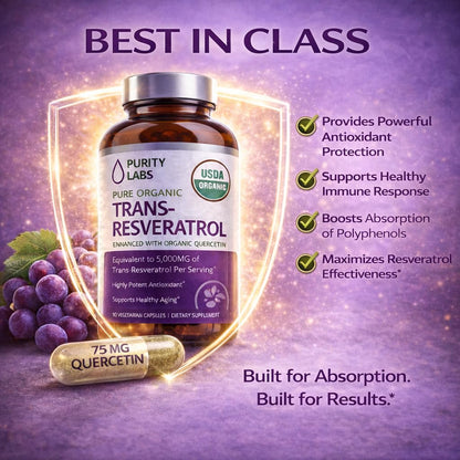 Purity Labs Trans-Resveratrol Supplement 5,000 mg Equivalent per Serving with Quercetin, USDA Organic High Potency Antioxidant, - dailyvitalstore