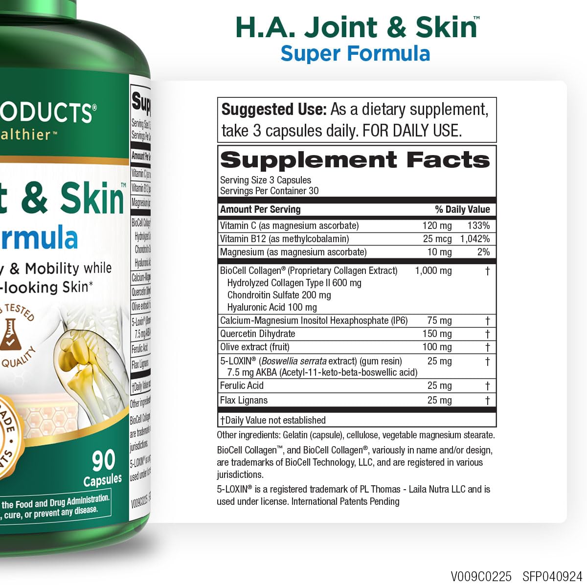 Purity Products H.A. Joint and Skin Super Formula Biocell Collagen w/Hyaluronic Acid Supports Healthy Joint Flexibility, Healthy Synovial Fluid, and Lubrication - 5-Loxin - 90 Capsules (1) - dailyvitalstore