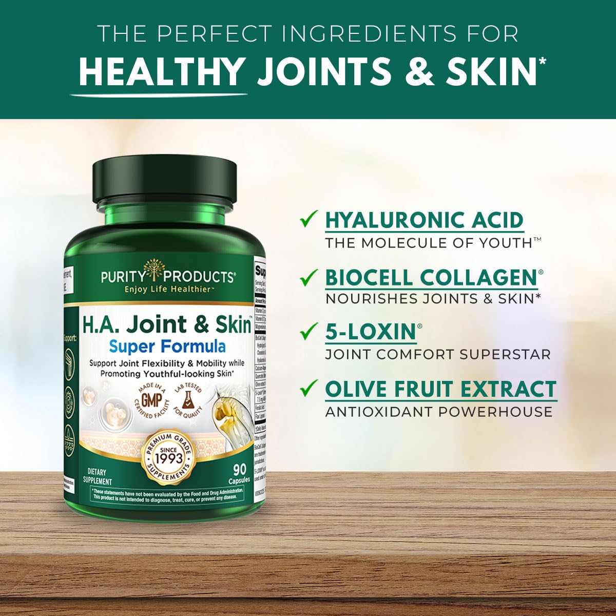 Purity Products H.A. Joint and Skin Super Formula Biocell Collagen w/Hyaluronic Acid Supports Healthy Joint Flexibility, Healthy Synovial Fluid, and Lubrication - 5-Loxin - 90 Capsules (1) - dailyvitalstore