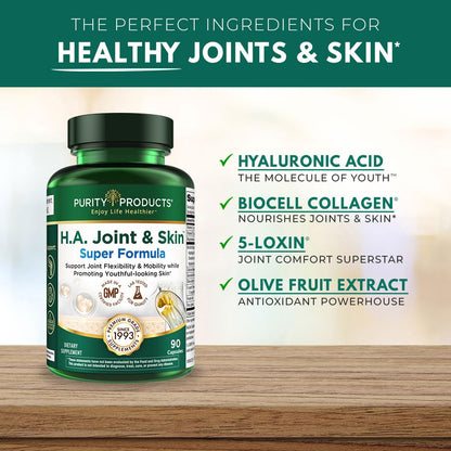 Purity Products H.A. Joint and Skin Super Formula Biocell Collagen w/Hyaluronic Acid Supports Healthy Joint Flexibility, Healthy Synovial Fluid, and Lubrication - 5-Loxin - 90 Capsules (1) - dailyvitalstore