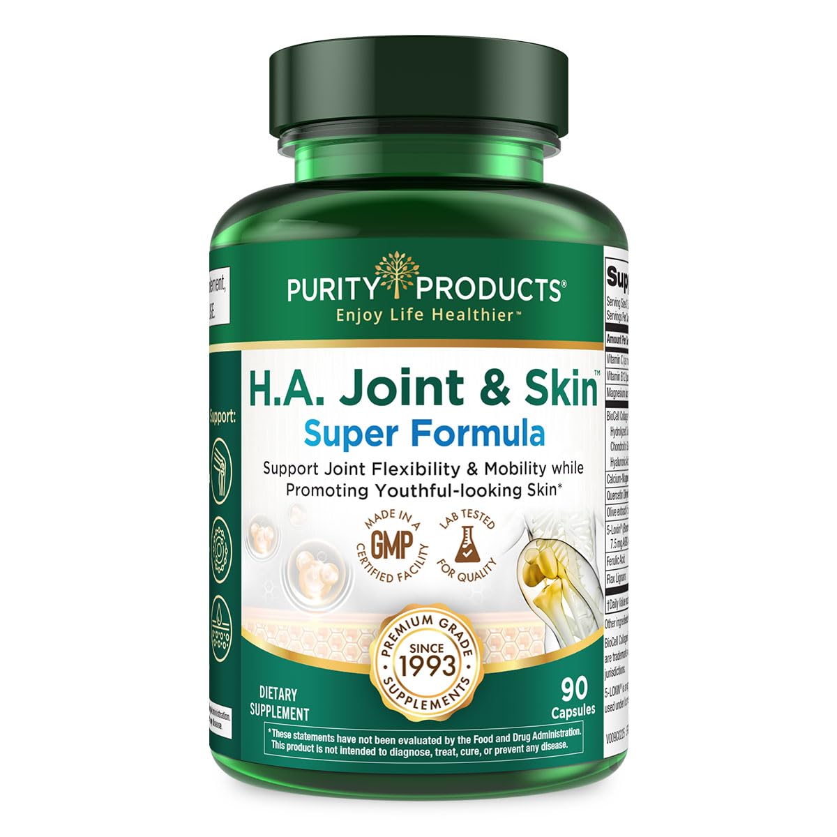 Purity Products H.A. Joint and Skin Super Formula Biocell Collagen w/Hyaluronic Acid Supports Healthy Joint Flexibility, Healthy Synovial Fluid, and Lubrication - 5-Loxin - 90 Capsules (1) - dailyvitalstore
