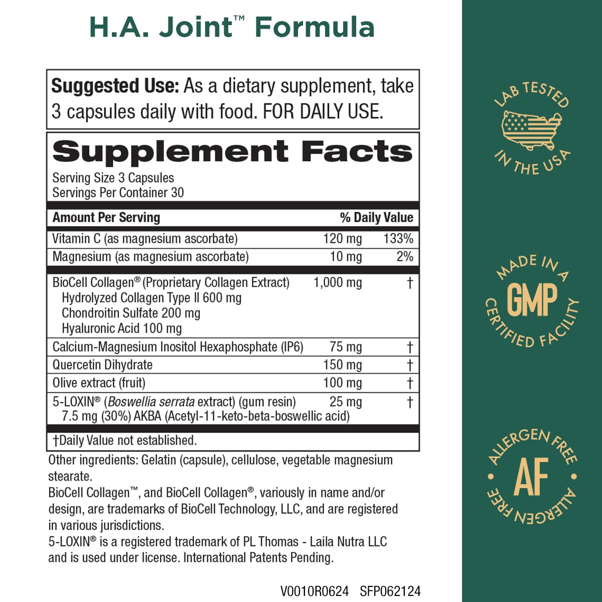 Purity Products HA Joint Formula Hyaluronic Acid + Key CoFactors - Joints + Skin Multi Collagen (Type I, II & III) - 5-Loxin - Olive Fruit Extract - dailyvitalstore