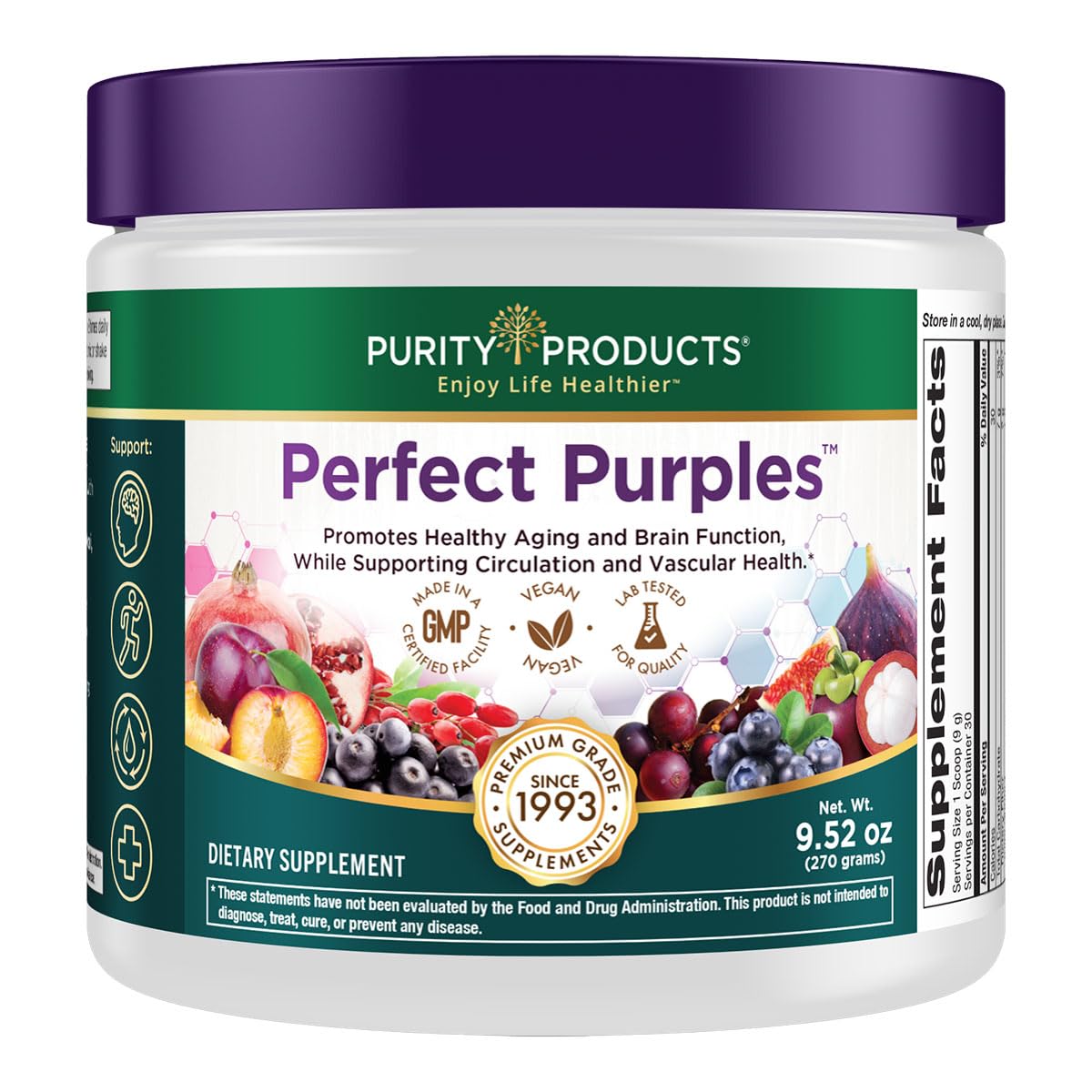 Purity Products Perfect Purples Powder Phytonutrient Rich, Healthy Aging Super Formula - Support Total Body Health - High ORAC Power - P40p Pomegranate Extract w/ 40% Punicosides - 30 Day Supply - dailyvitalstore