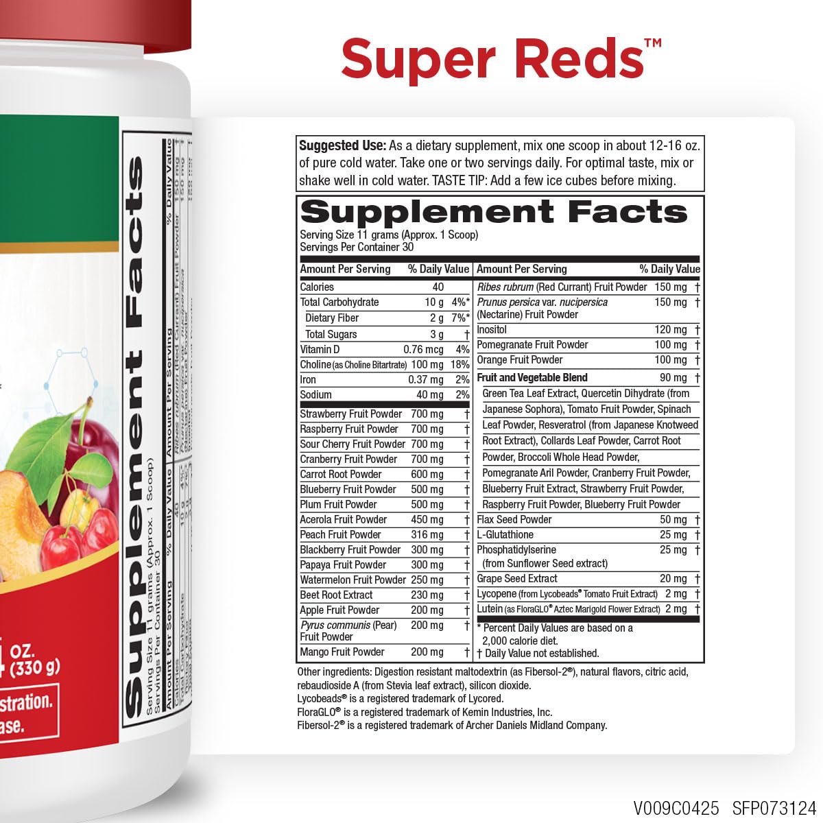 Purity Products Super Reds Powder Phytonutrient Superfood Drink Mix w/FloraGLO Lutein - Phytonutrient Blend containing Polyphenols, Antioxidants & More - 330 Grams - 30 Day Supply - dailyvitalstore