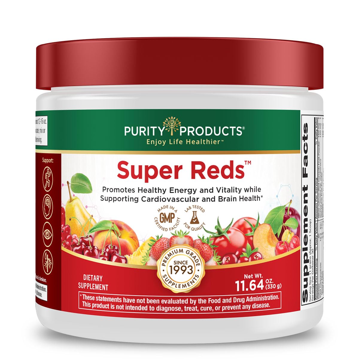 Purity Products Super Reds Powder Phytonutrient Superfood Drink Mix w/FloraGLO Lutein - Phytonutrient Blend containing Polyphenols, Antioxidants & More - 330 Grams - 30 Day Supply - dailyvitalstore