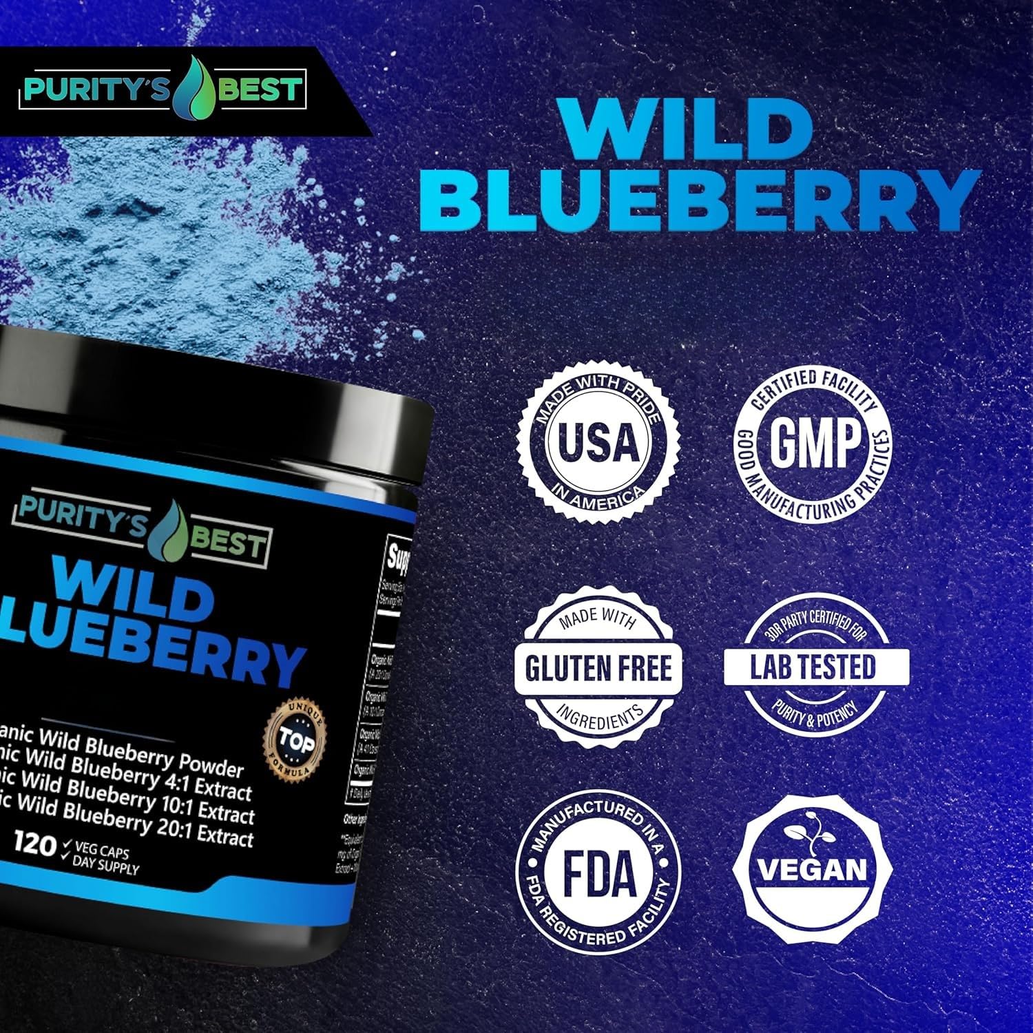 Purity’s Best Wild Blueberry Extract, Rich in Flavonoids & Anthocyanins, Antioxidant Support for Brain & Heart Health, 4-Month Supply - dailyvitalstore