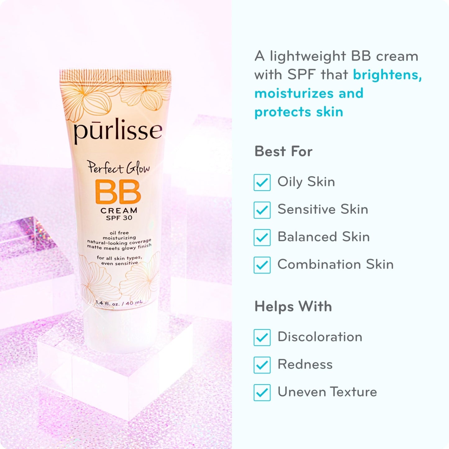 pūrlisse Perfect Glow BB Cream with SPF 30 - Matte Meets Dewy Finish - Enriched with Goji & Hawthorn Berry to Help Improve Skin Texture & Radiance - Medium Golden (1.4 oz) - dailyvitalstore