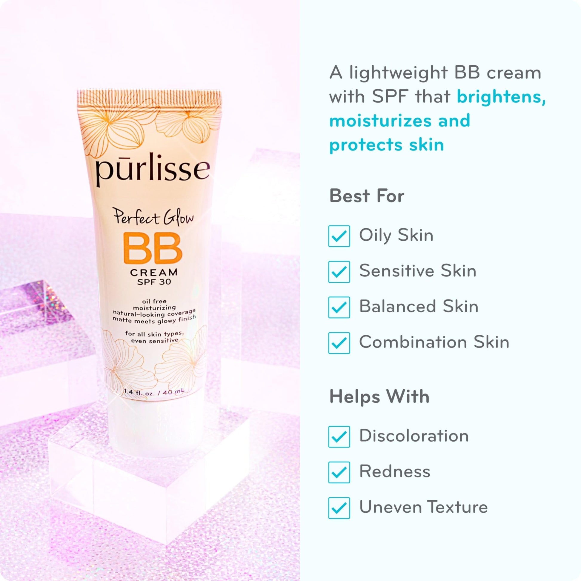 pūrlisse Perfect Glow BB Cream with SPF 30 - Matte Meets Dewy Finish - Enriched with Goji & Hawthorn Berry to Help Improve Skin Texture & Radiance - Medium Golden (1.4 oz) - dailyvitalstore