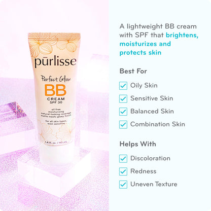pūrlisse Perfect Glow BB Cream with SPF 30 - Matte Meets Dewy Finish - Enriched with Goji & Hawthorn Berry to Help Improve Skin Texture & Radiance - Medium Golden (1.4 oz) - dailyvitalstore