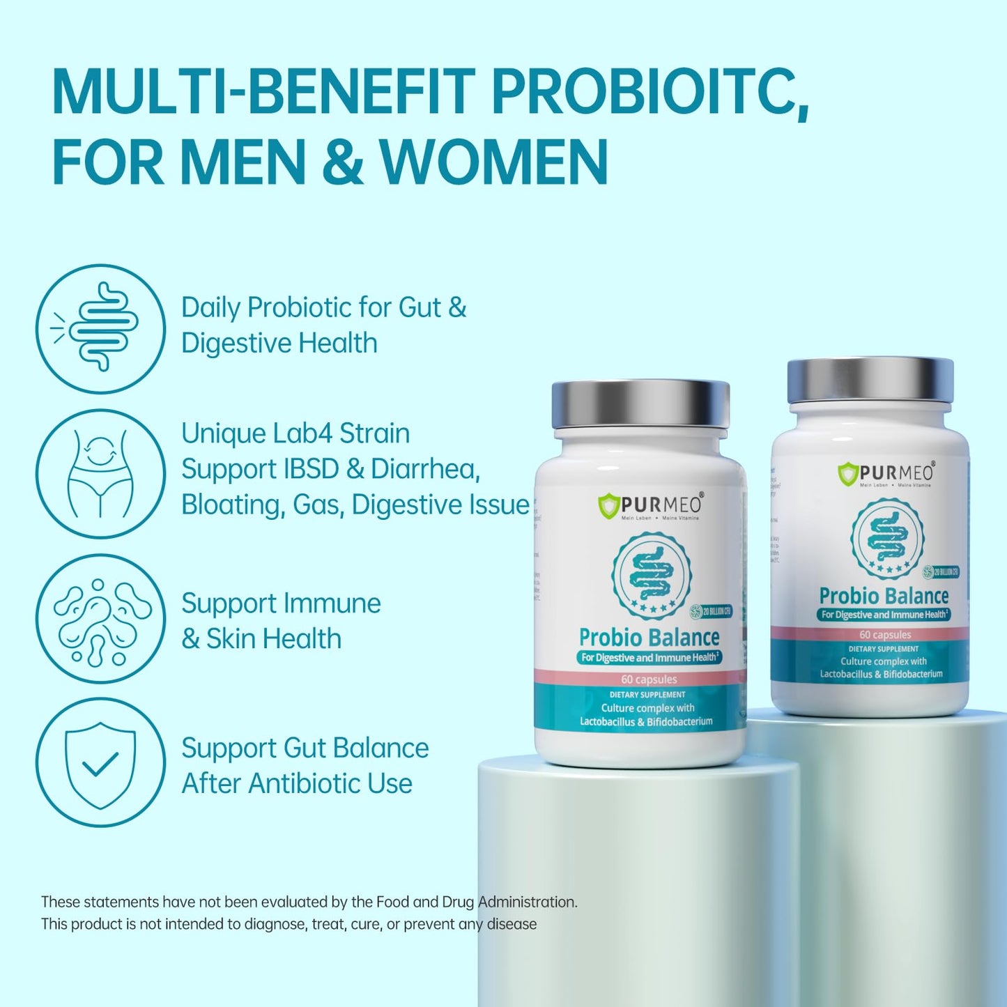 purmeo Probiotics for IBS Anti Diarrhea, Gas, Bloating - Support Immune, Digestive & Gut Health - Clinical Proven Lab4 Strains IBS-D Supplement 20 Billion CFU, - dailyvitalstore