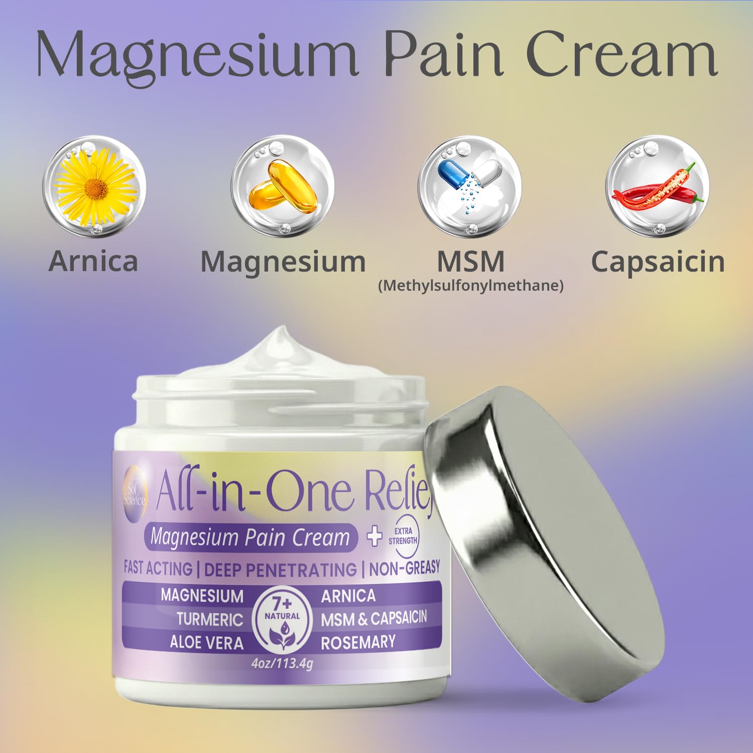 PURPLE CANYON All in One Magnesium Pain Cream – Natural Pain Relief Cream with Arnica, MSM & Capsaicin for Muscle & Joint Support – Fast-Absorbing, Non-Greasy Formula with Aloe Vera & Turmeric - dailyvitalstore