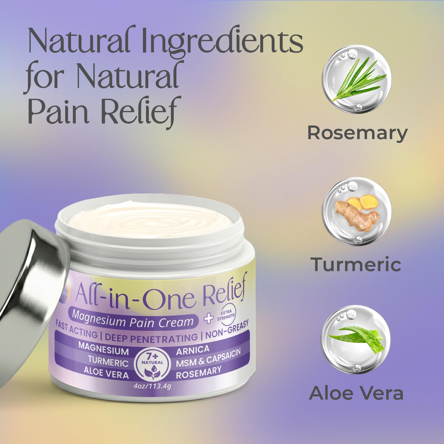 PURPLE CANYON All in One Magnesium Pain Cream – Natural Pain Relief Cream with Arnica, MSM & Capsaicin for Muscle & Joint Support – Fast-Absorbing, Non-Greasy Formula with Aloe Vera & Turmeric - dailyvitalstore
