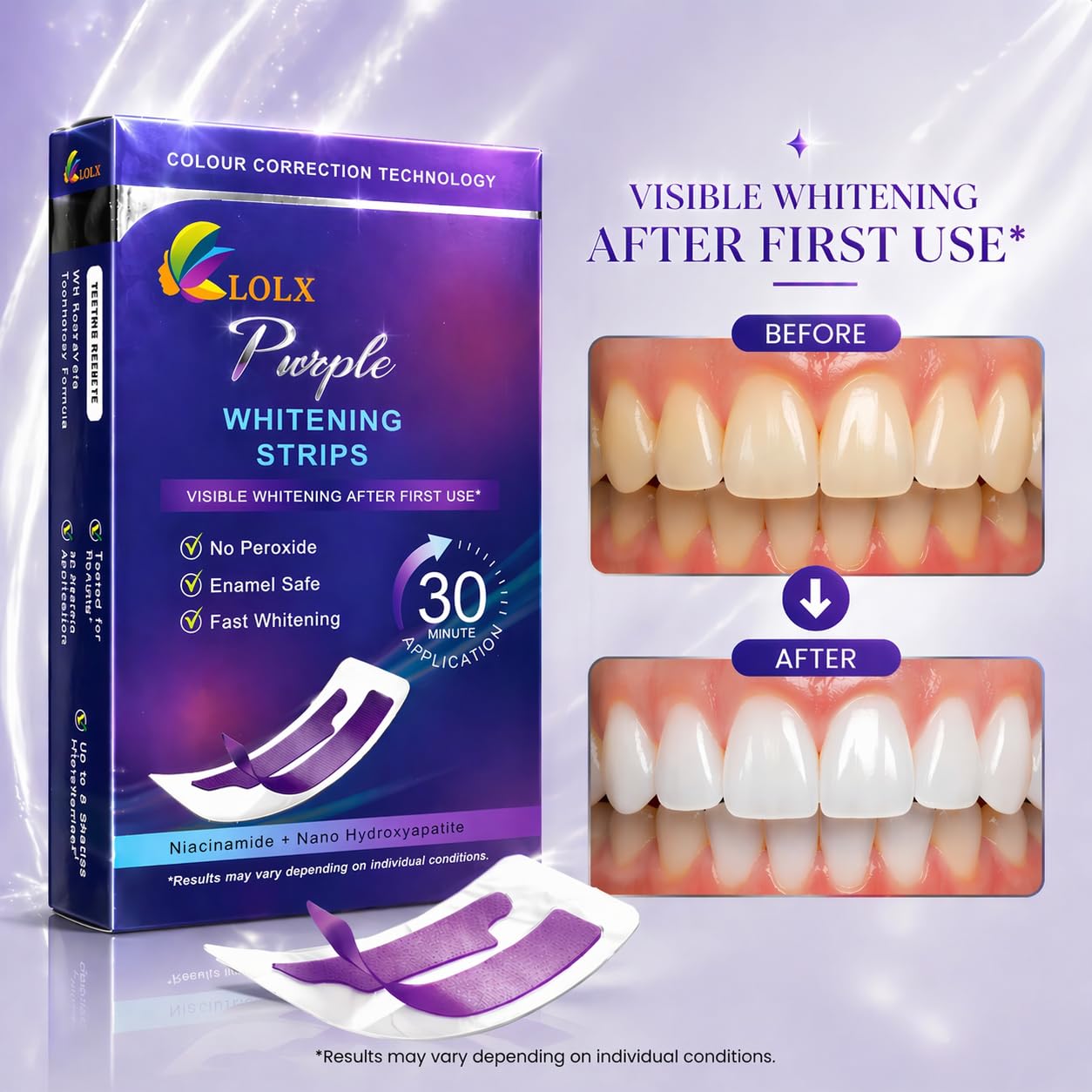 Purple Teeth Whitening Strips, Enamel Safe for Sensitive Teeth, Removes Yellow Stains & Bad Breath, Non-Slip Dry Strip Technology - dailyvitalstore