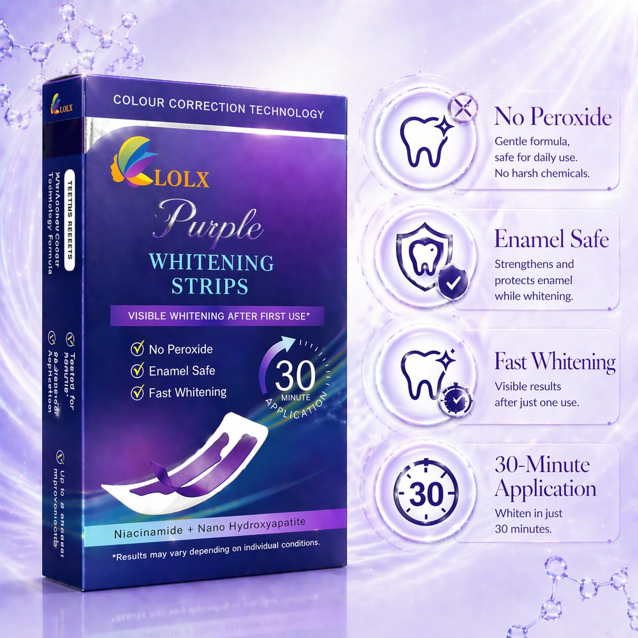 Purple Teeth Whitening Strips, Enamel Safe for Sensitive Teeth, Removes Yellow Stains & Bad Breath, Non-Slip Dry Strip Technology - dailyvitalstore