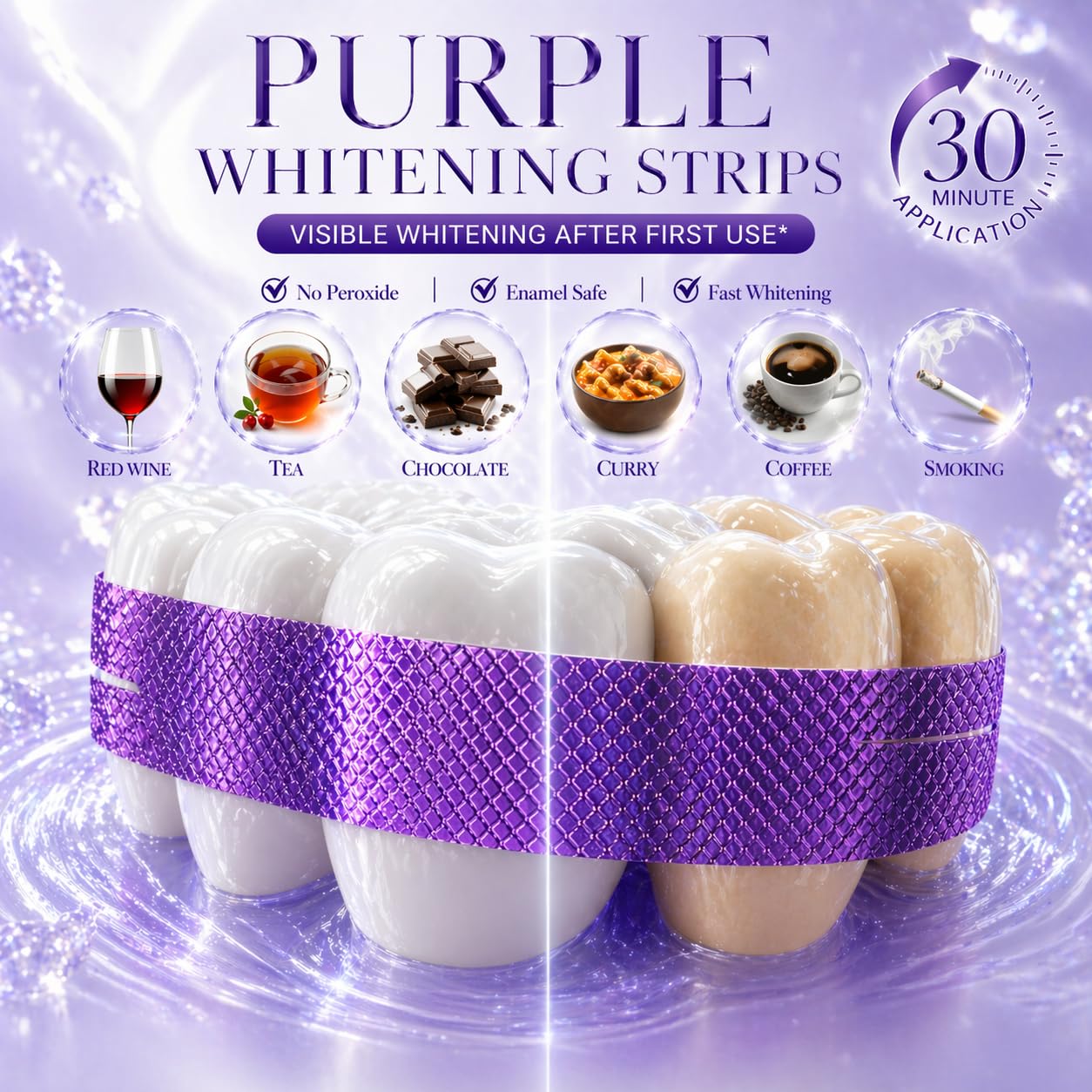 Purple Teeth Whitening Strips, Enamel Safe for Sensitive Teeth, Removes Yellow Stains & Bad Breath, Non-Slip Dry Strip Technology - dailyvitalstore