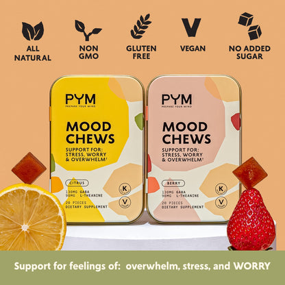 PYM Citrus Mood Chews Support for Stress, Worry & Overwhelm, 120 Count | 130mg GABA, 90mg L-Theanine | Vegan, Non-GMO, Gluten-Free, No Added Sugar | All-Natural Mood Balance Supplement Made in USA - dailyvitalstore
