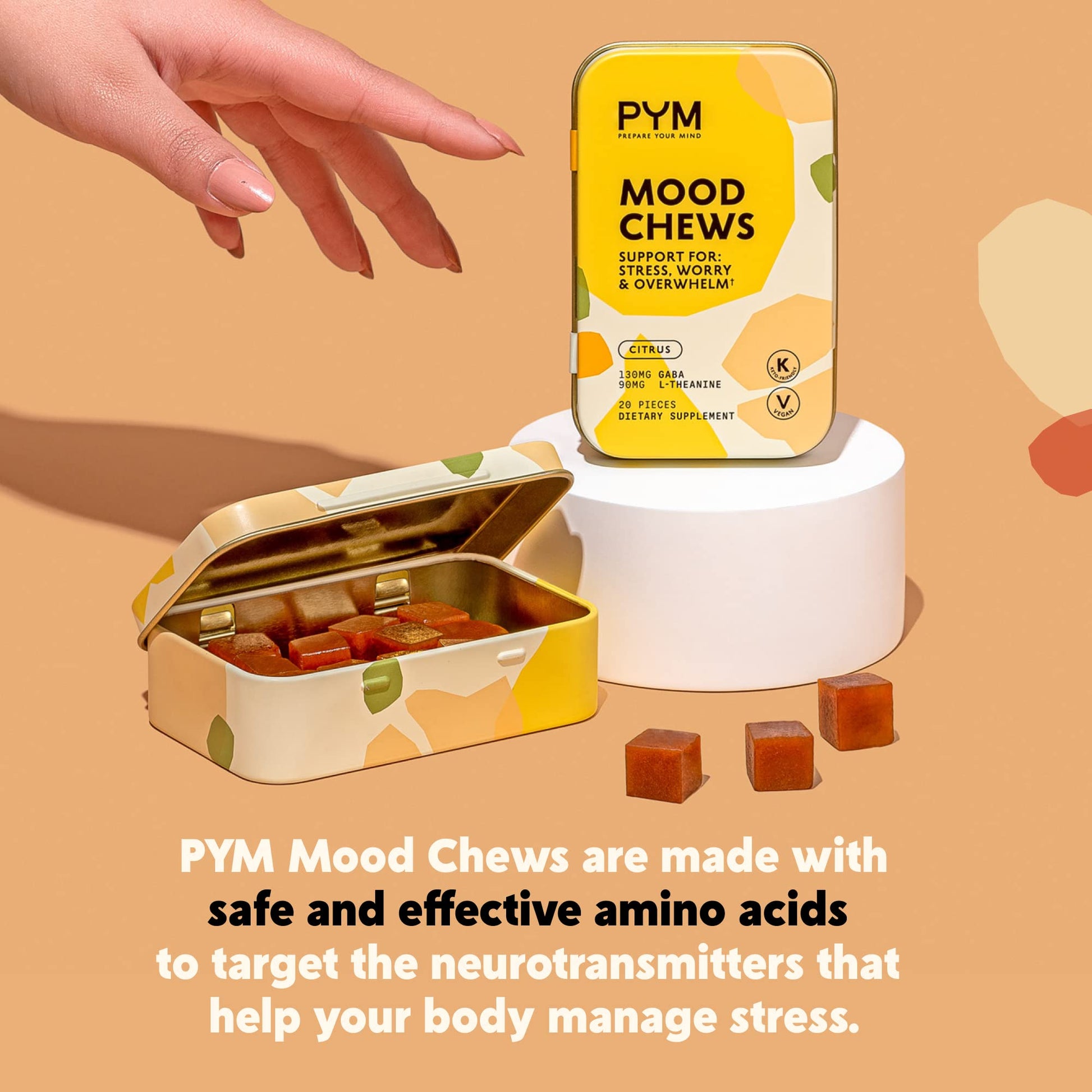 PYM Citrus Mood Chews Support for Stress, Worry & Overwhelm, 120 Count | 130mg GABA, 90mg L-Theanine | Vegan, Non-GMO, Gluten-Free, No Added Sugar | All-Natural Mood Balance Supplement Made in USA - dailyvitalstore