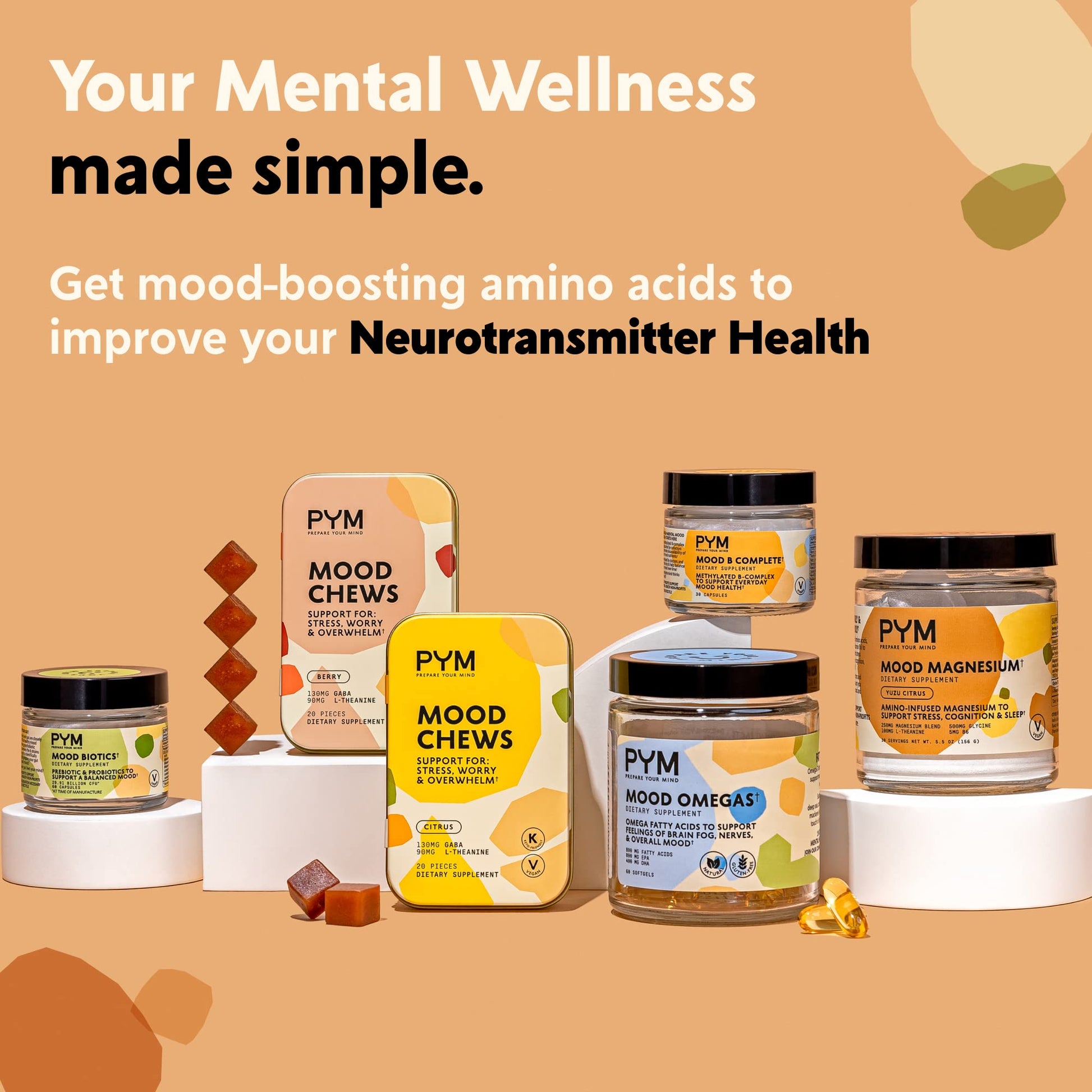 PYM Citrus Mood Chews Support for Stress, Worry & Overwhelm, 120 Count | 130mg GABA, 90mg L-Theanine | Vegan, Non-GMO, Gluten-Free, No Added Sugar | All-Natural Mood Balance Supplement Made in USA - dailyvitalstore