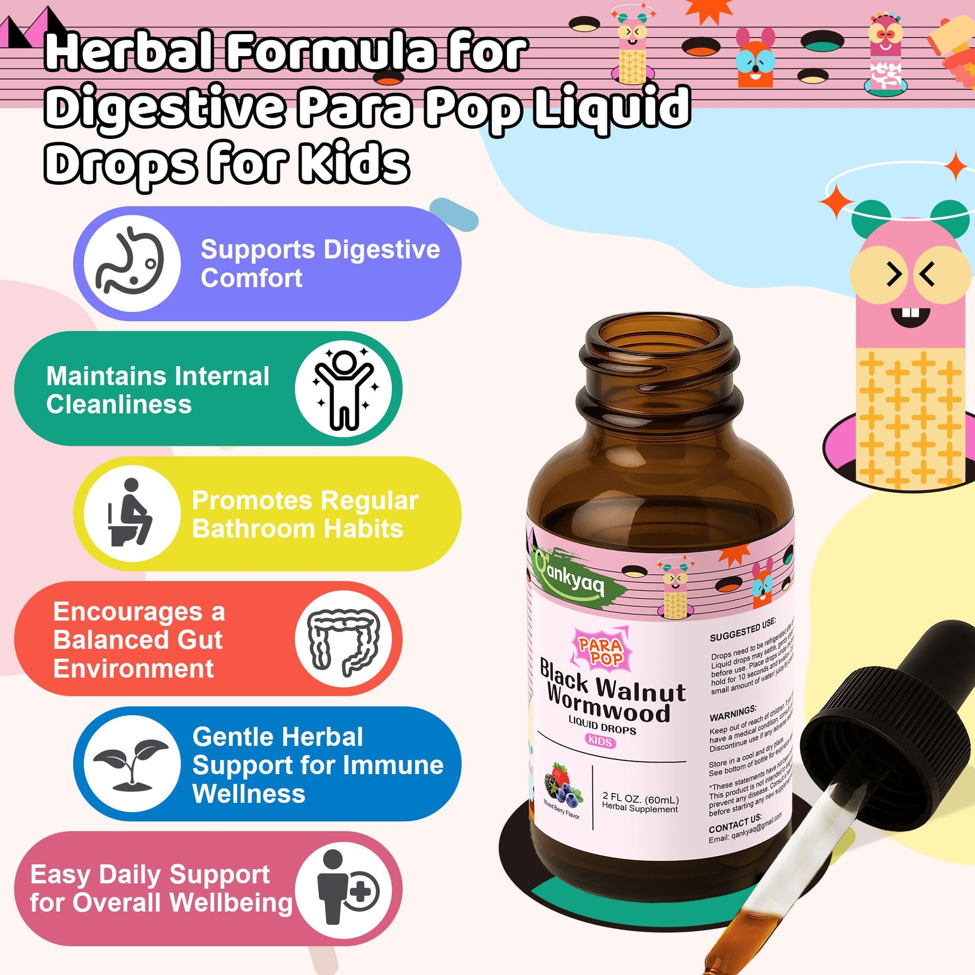 Q'ankyaq Black Walnut Wormwood Liquid for Kids, Gut Cleanse for Children Drops, Natural Detox Support, Gut & Immune Support with Cloves, Garlic, - dailyvitalstore