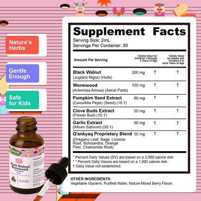 Q'ankyaq Black Walnut Wormwood Liquid for Kids, Gut Cleanse for Children Drops, Natural Detox Support, Gut & Immune Support with Cloves, Garlic, - dailyvitalstore