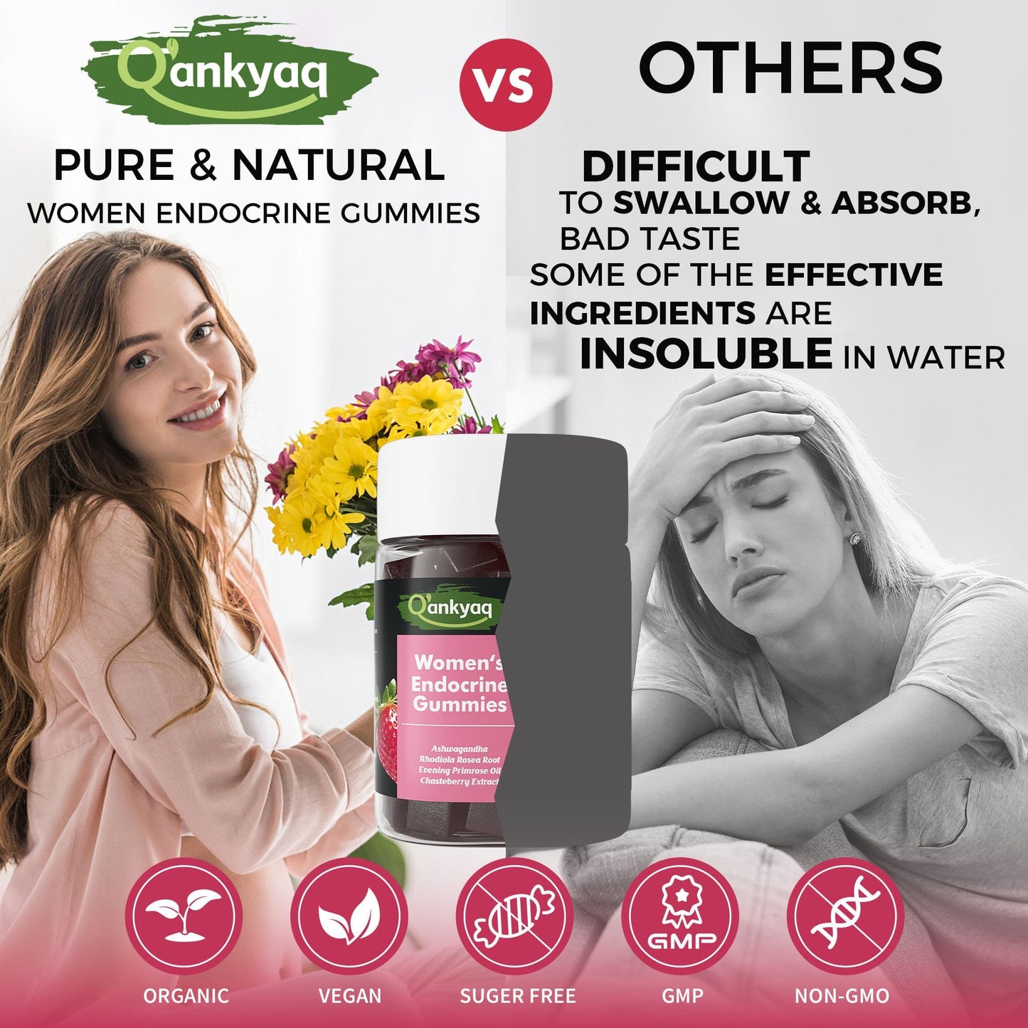 Q'ankyaq PMS Support Gummies for Women, Hormone Balance with Evening Primrose Oil, Chasteberry, Vitamins B6 & B12 - Comfort, Bloating, Mood & Energy Support - 60 Gummies - dailyvitalstore