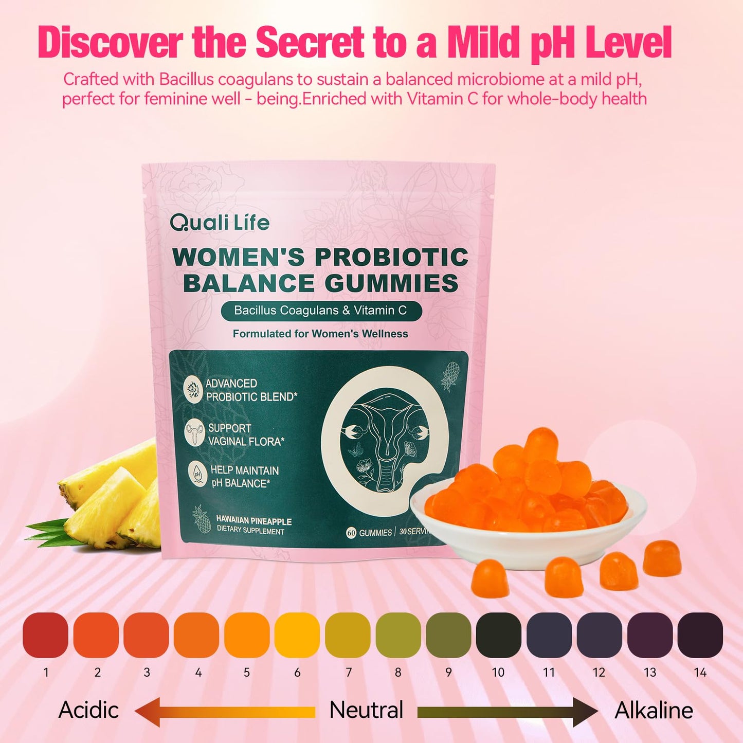 QualiLife Premium Feminine Balance Gummies for Women – Probiotic Vaginal Health Support with Vitamin C – pH Balance & Flora Support – Sugar Free, Vegan, Hawaiian Pineapple Flavor – 60 Gummies (1) - dailyvitalstore