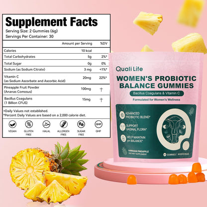 QualiLife Premium Feminine Balance Gummies for Women – Probiotic Vaginal Health Support with Vitamin C – pH Balance & Flora Support – Sugar Free, Vegan, Hawaiian Pineapple Flavor – 60 Gummies (1) - dailyvitalstore