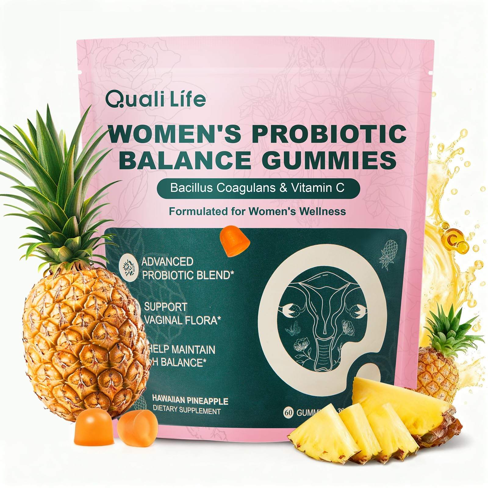 QualiLife Premium Feminine Balance Gummies for Women – Probiotic Vaginal Health Support with Vitamin C – pH Balance & Flora Support – Sugar Free, Vegan, Hawaiian Pineapple Flavor – 60 Gummies (1) - dailyvitalstore