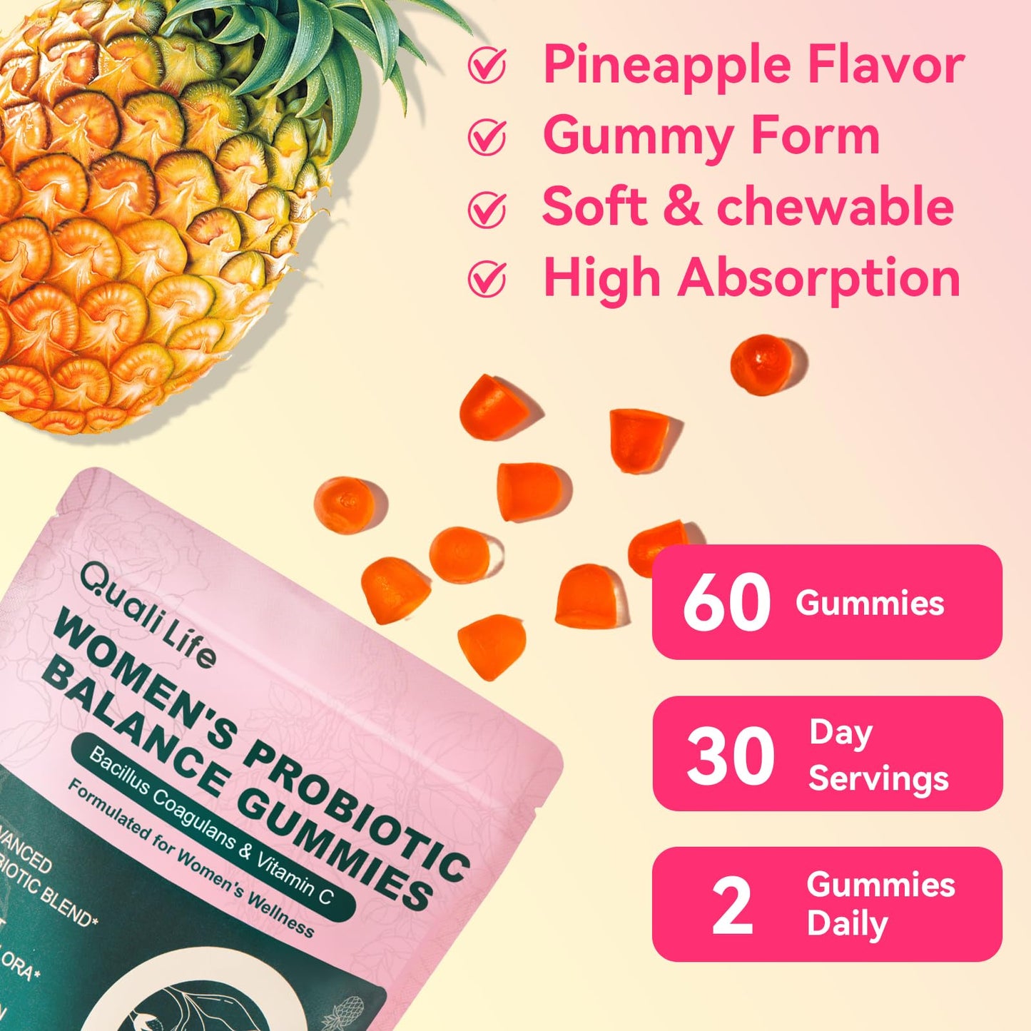 QualiLife Premium Feminine Balance Gummies for Women – Probiotic Vaginal Health Support with Vitamin C – pH Balance & Flora Support – Sugar Free, Vegan, Hawaiian Pineapple Flavor – 60 Gummies (1) - dailyvitalstore