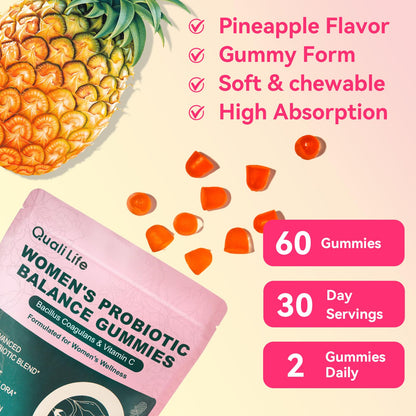 QualiLife Premium Feminine Balance Gummies for Women – Probiotic Vaginal Health Support with Vitamin C – pH Balance & Flora Support – Sugar Free, Vegan, Hawaiian Pineapple Flavor – 60 Gummies (1) - dailyvitalstore