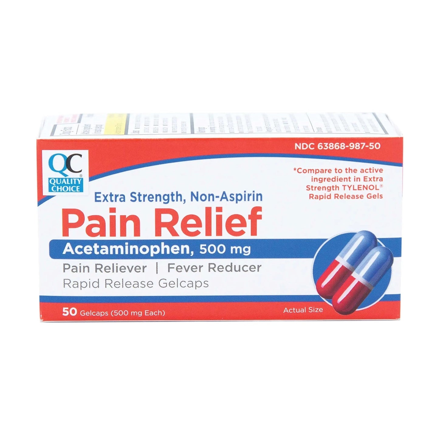 Quality Choice, Extra Strength, Non Aspirin Pain Relief, Acetaminophen 500 MG, Pain Reliever & Fever Reducer, Rapid Release Gelcaps, 50 Count Package - dailyvitalstore