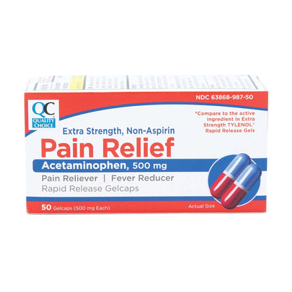 Quality Choice, Extra Strength, Non Aspirin Pain Relief, Acetaminophen 500 MG, Pain Reliever & Fever Reducer, Rapid Release Gelcaps, 50 Count Package - dailyvitalstore