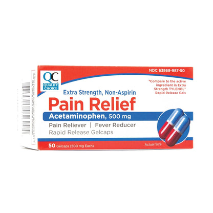 Quality Choice, Extra Strength, Non Aspirin Pain Relief, Acetaminophen 500 MG, Pain Reliever & Fever Reducer, Rapid Release Gelcaps, 50 Count Package - dailyvitalstore