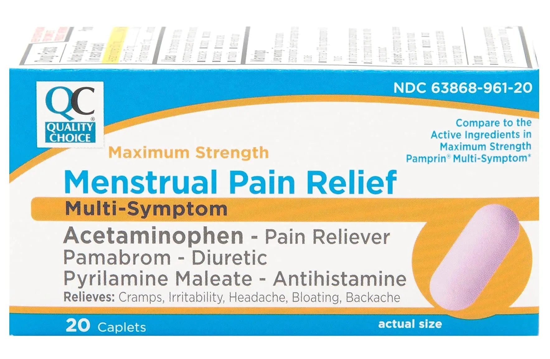 Quality Choice Maximum Strength Mentrual Pain Relief, Multi Symptom Pain Relief Caplets, Cramps, Headache, Bloating, Backache & Irritability, 20 Count Package - dailyvitalstore