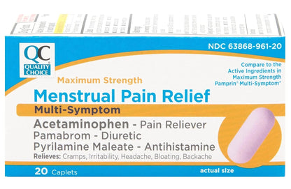 Quality Choice Maximum Strength Mentrual Pain Relief, Multi Symptom Pain Relief Caplets, Cramps, Headache, Bloating, Backache & Irritability, 20 Count Package - dailyvitalstore